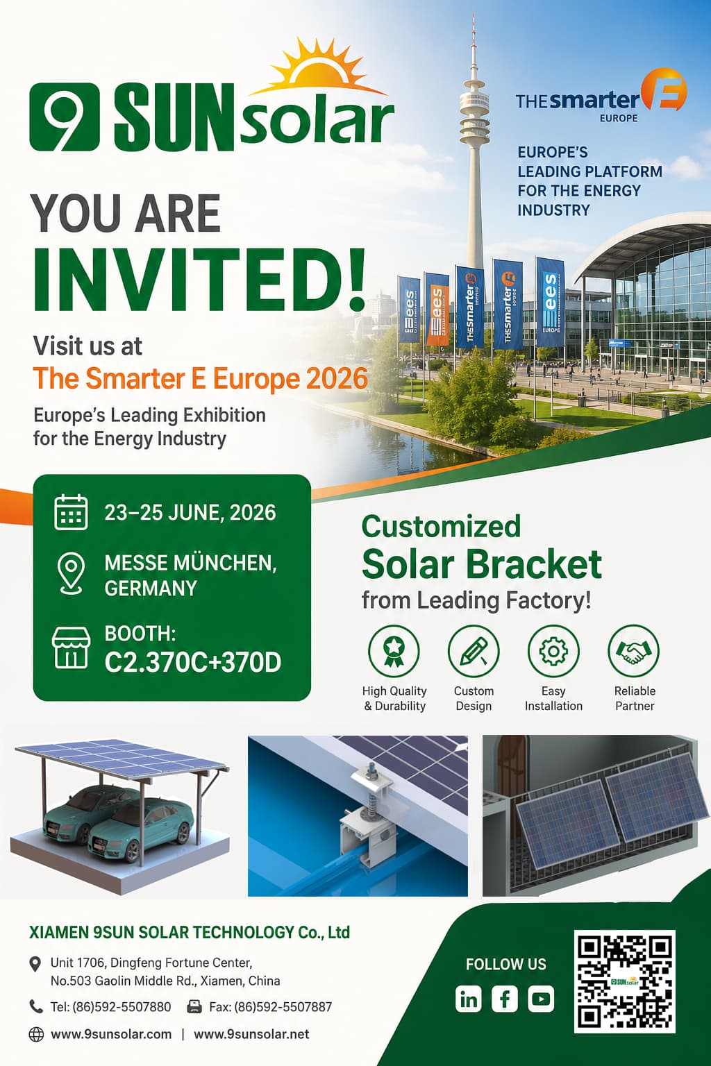 Компания XIAMEN 9SUN SOLAR TECHNOLOGY Co., Ltd приглашает вас на конференцию Smarter E Europe 2026.