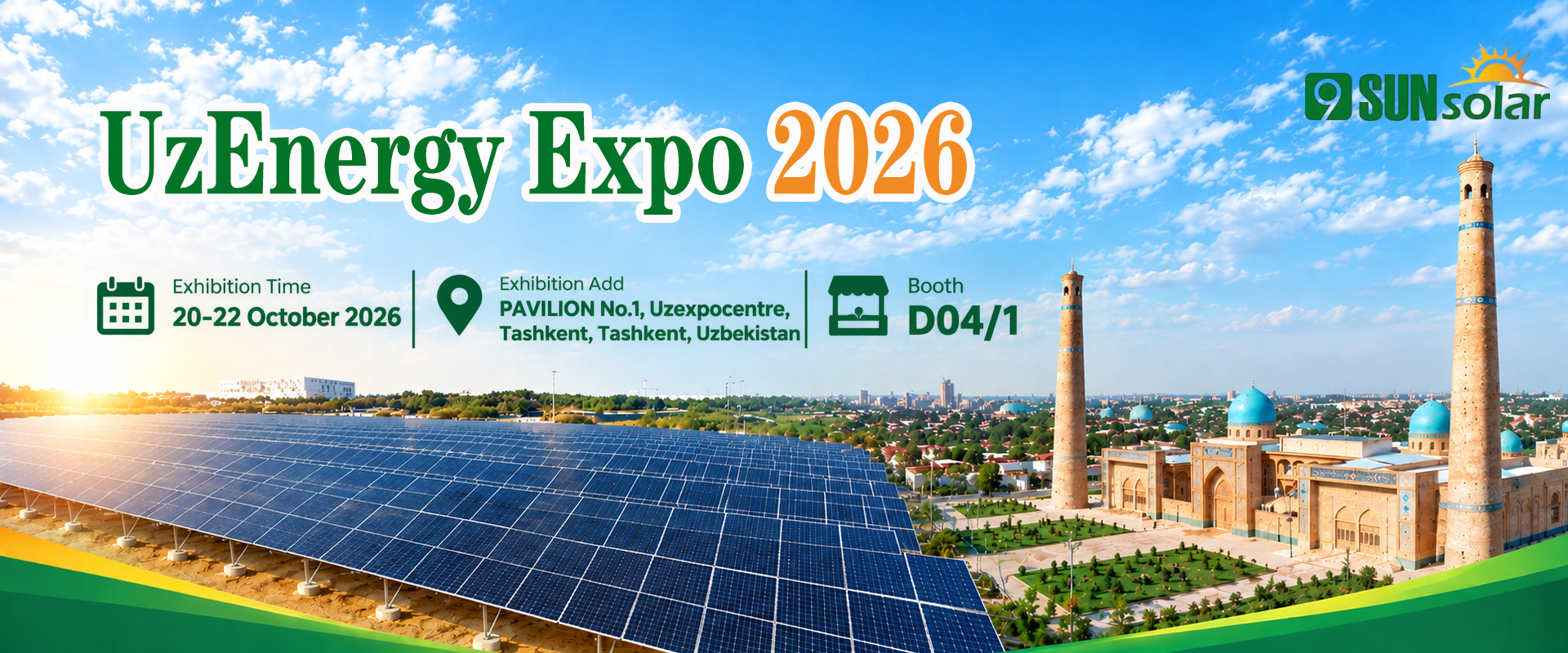 9sunsolar promotional poster for UzEnergy Expo 2026, showcasing the 9sunsolar brand and solar energy solutions