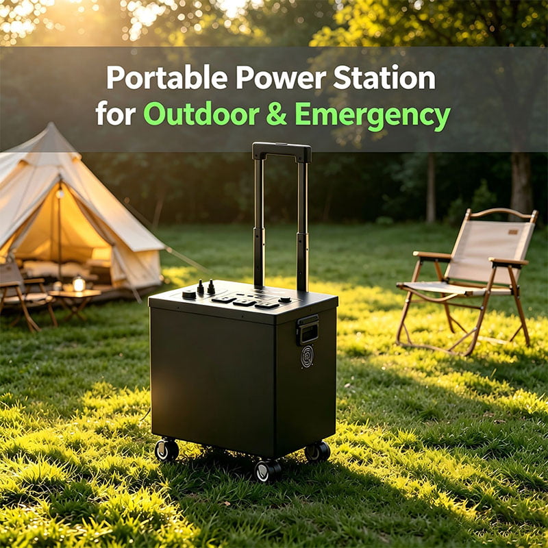 Off-grid power station in use at a campsite as outdoor power supply